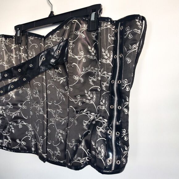 38" Black Silver Satin Underbust Wench Corset Tapestry Floral Embroidery Lace-Up - Picture 6 of 11